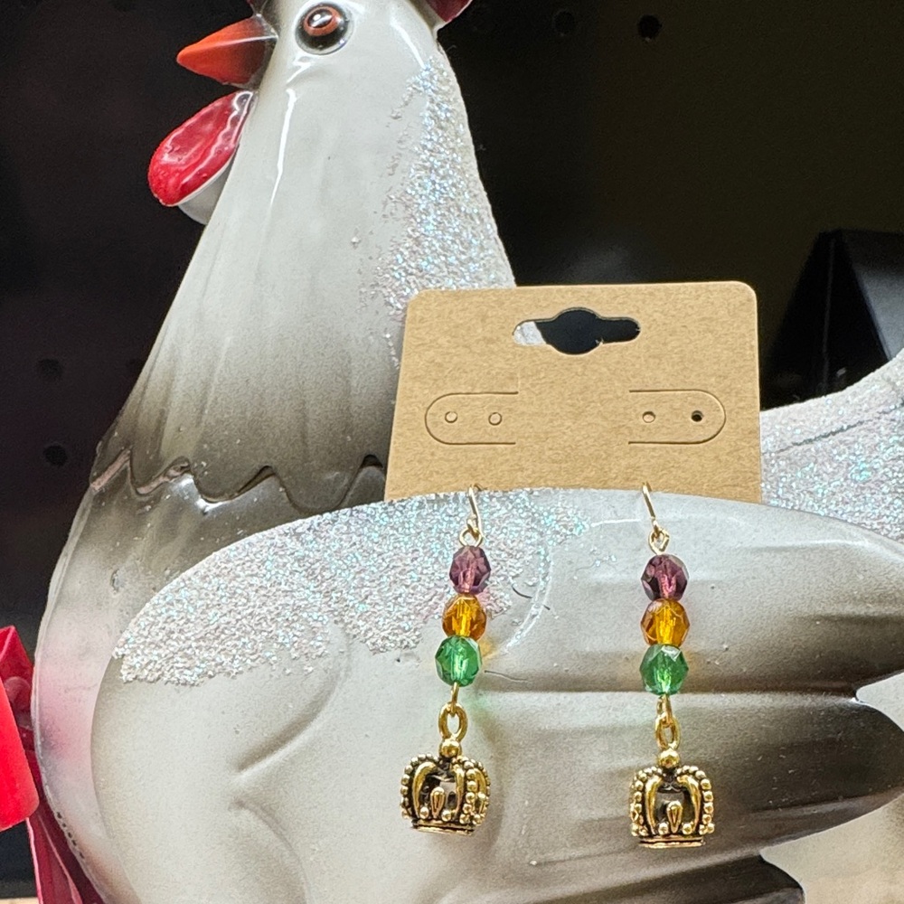 Mardi Gras colored beads & Gold Crown Drop Earrings handcrafted  2/$22 - Picture 4 of 6